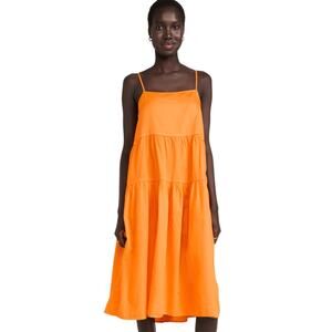 ENZA COSTA Cotton Tiered Midi Dress Womens Small Orange Spaghetti strap Pockets